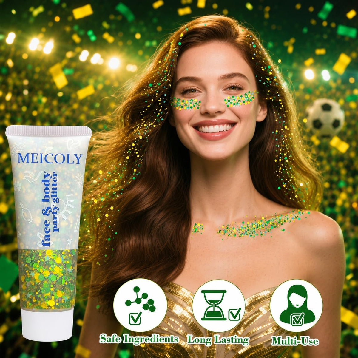 MEICOLY Green and Yellow Hair Glitter packaging
