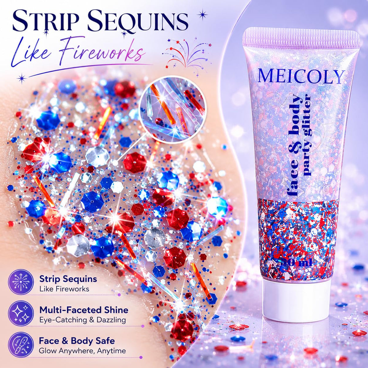MEICOLY hair glitter on a festive 4th of July outfit