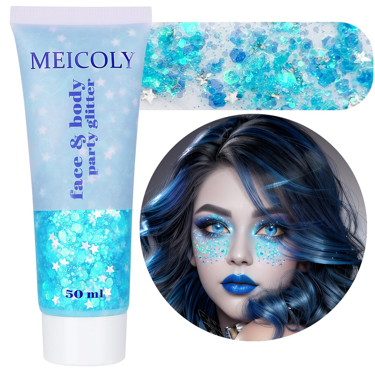 MEICOLY Light Blue Body Glitter Gel front view with holographic sequins