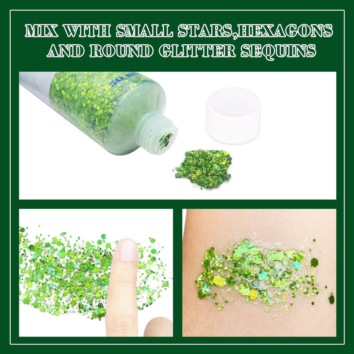 MEICOLY Lime Green Body Glitter jar with glitter spread out