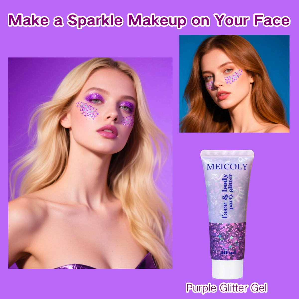 MEICOLY Purple Body Glitter on hair for a festive look