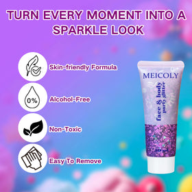 MEICOLY Purple Body Glitter showcased with various glitter shapes