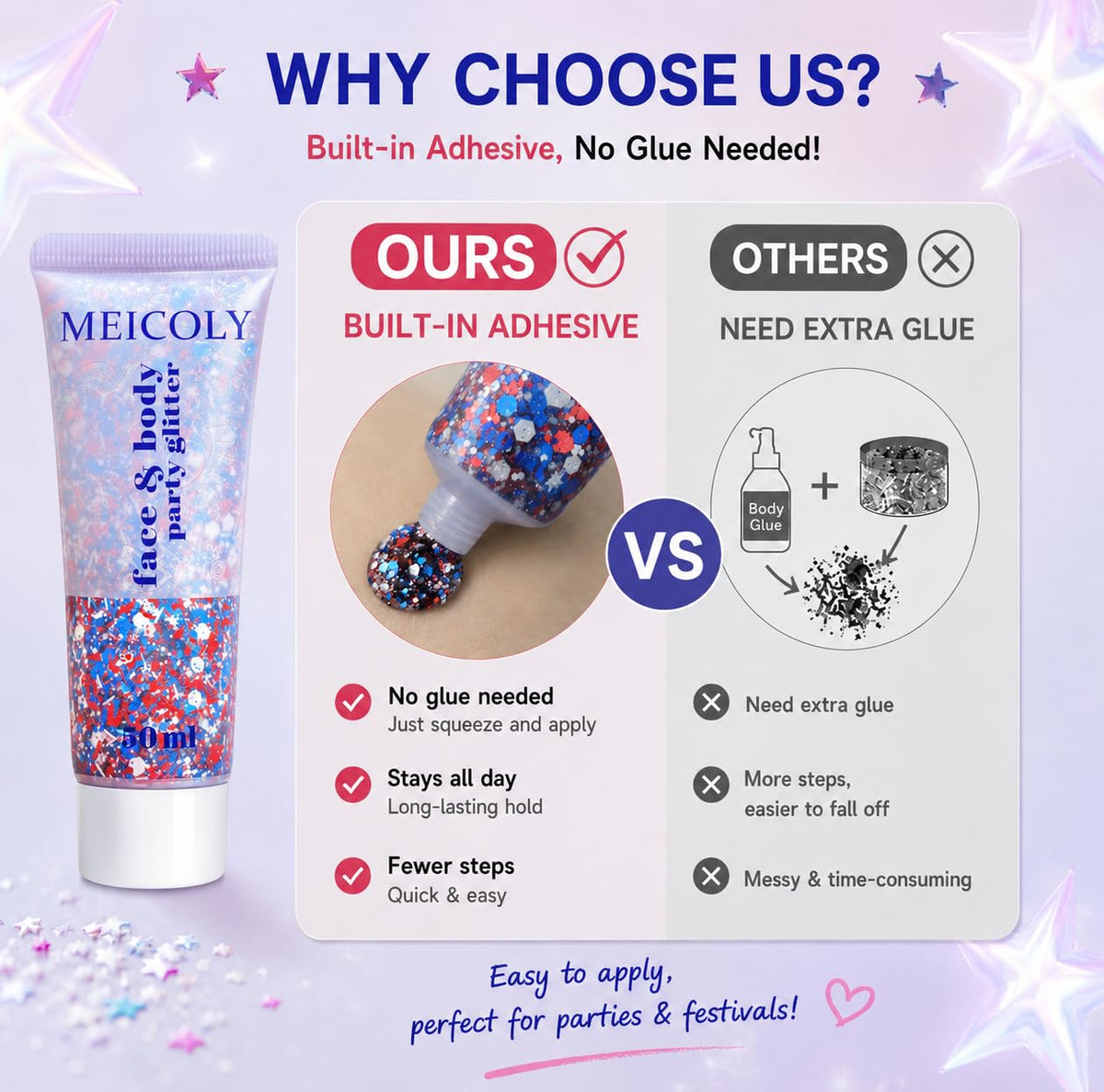 MEICOLY Red White and Blue Glitter packaging