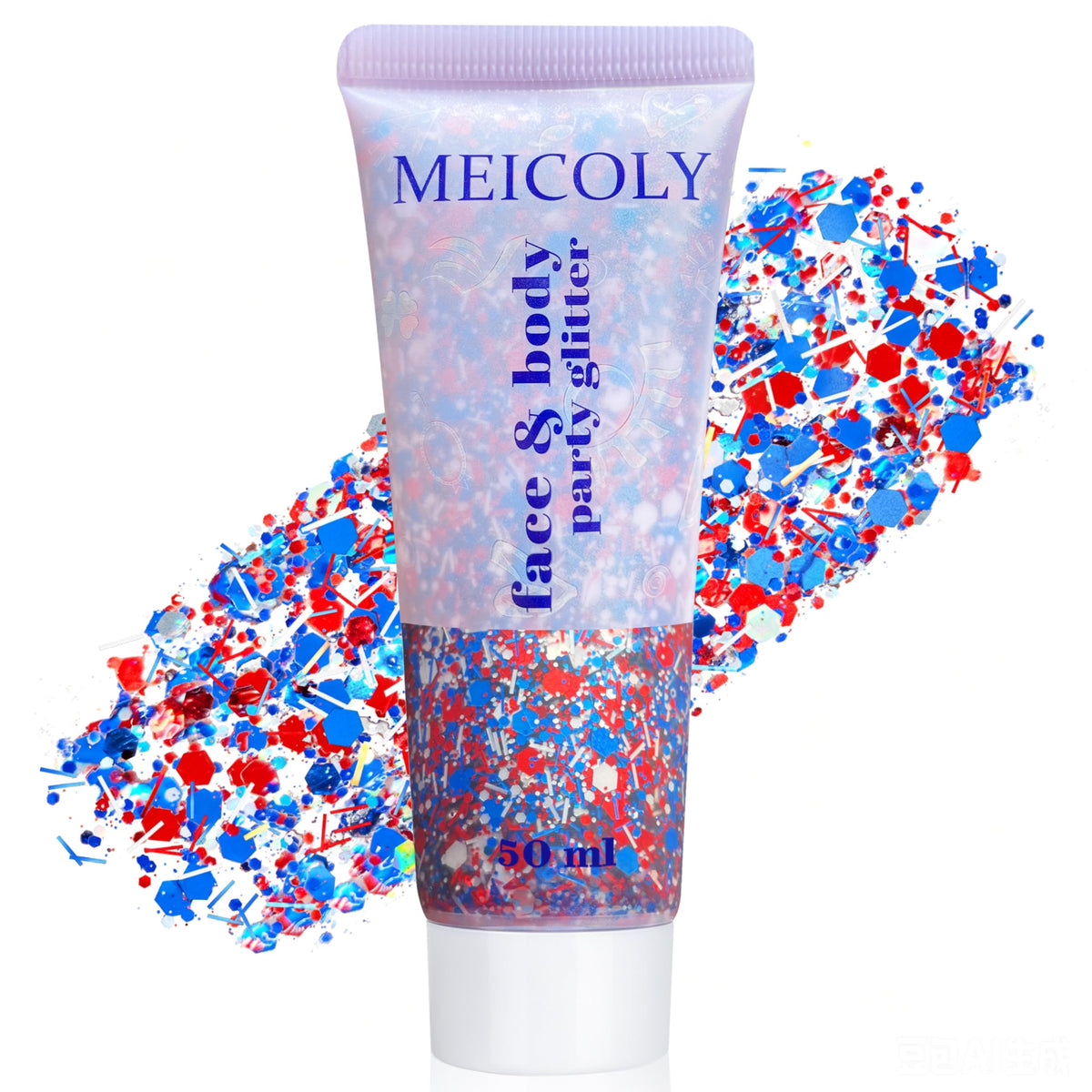 MEICOLY Red White and Blue Hair Glitter front view with sequins