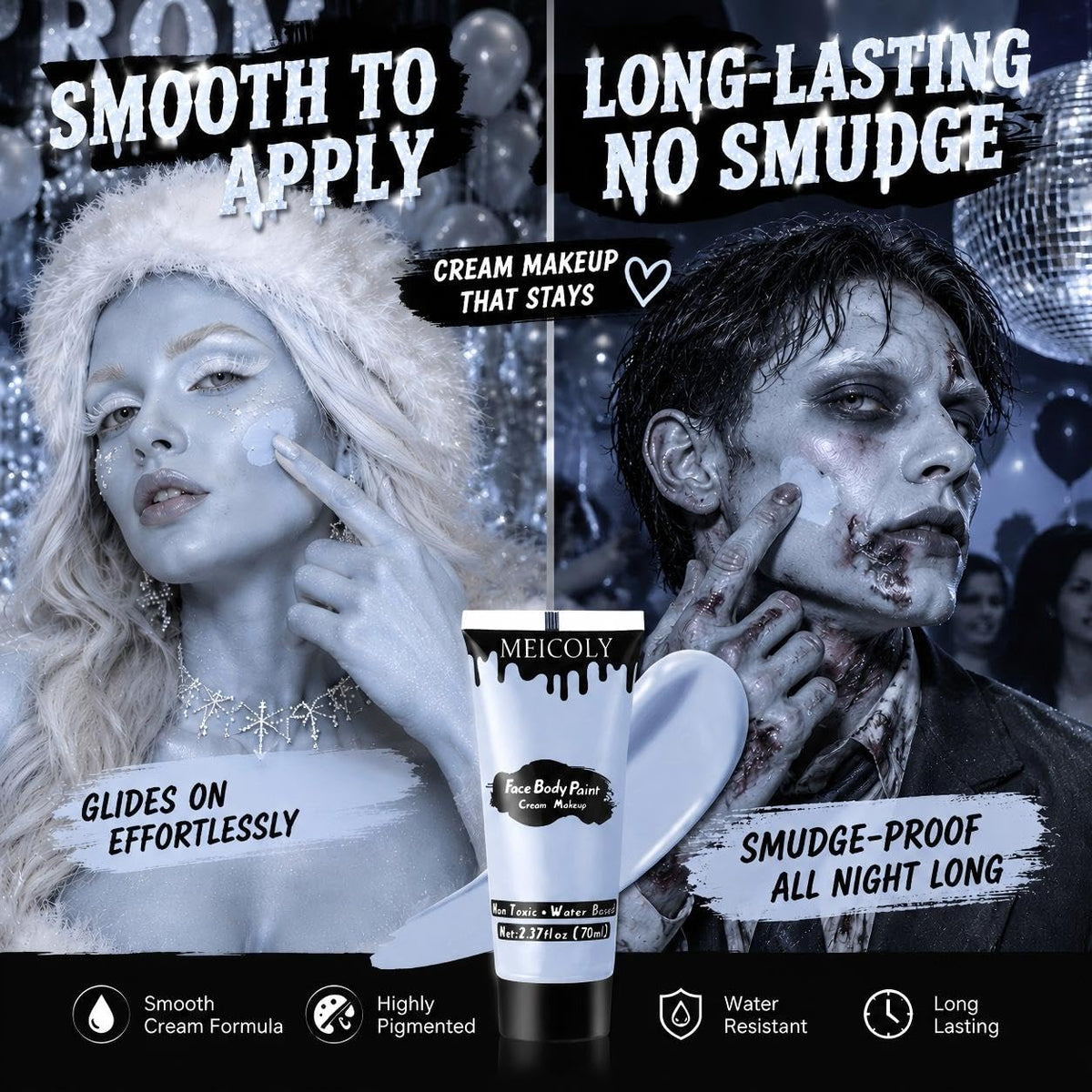 MEICOLY Zombie Makeup light blue grey body paint texture close-up