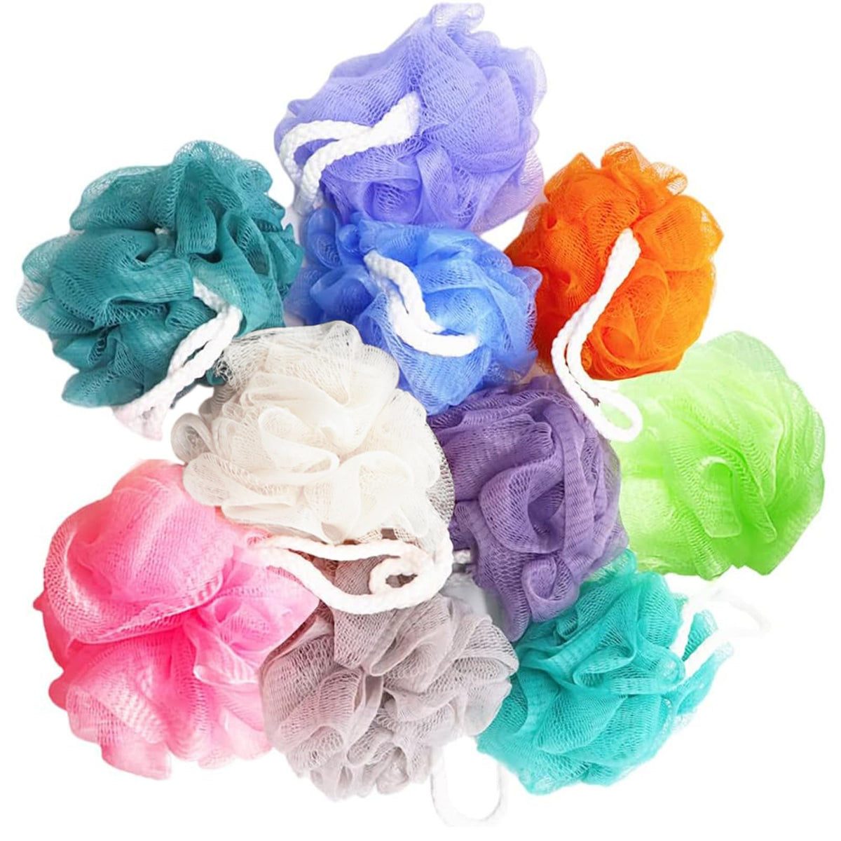 Meirrnyyu bath loofah sponges in assorted colours, front view