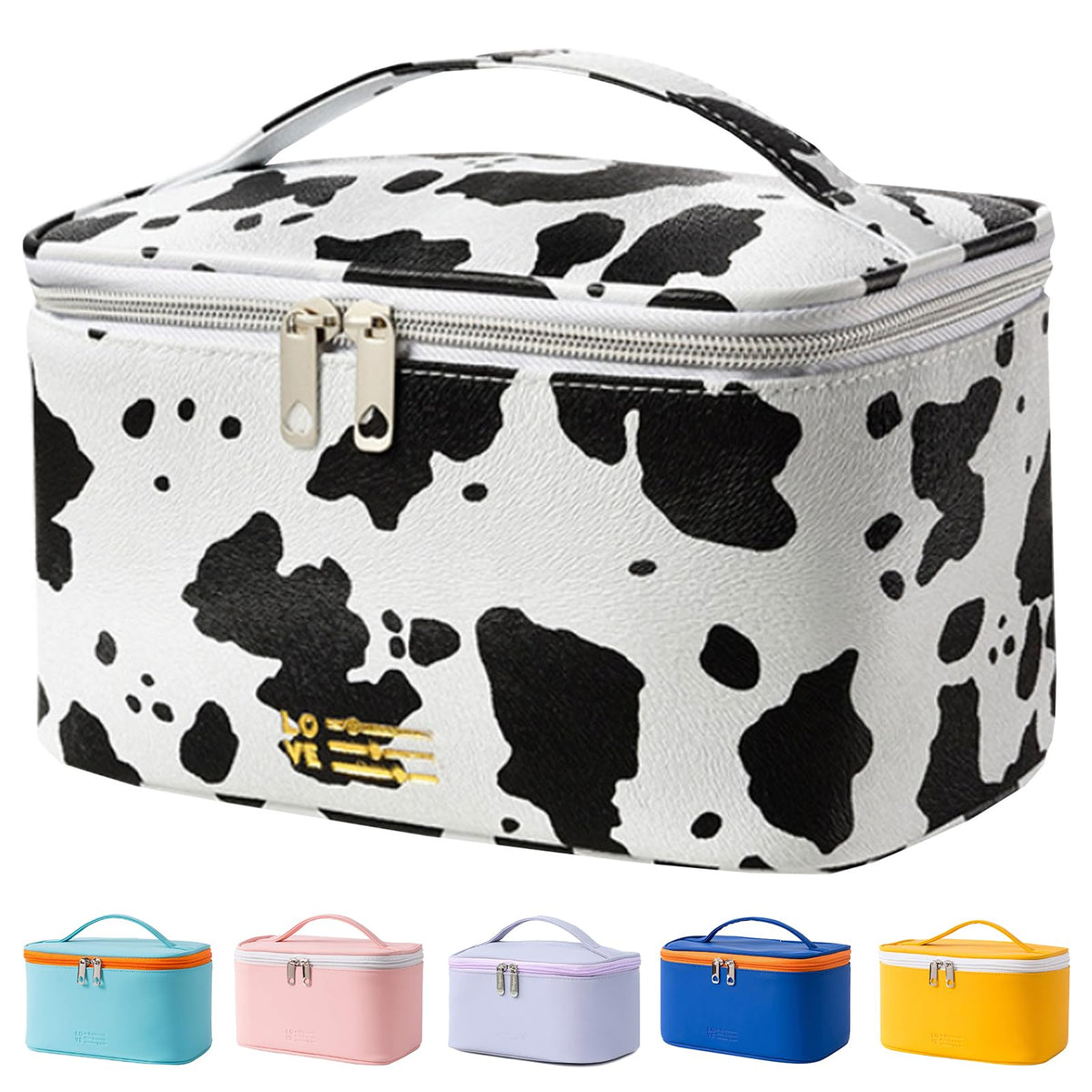 Meiyuuo Travel Makeup Bag front view with cute cow print