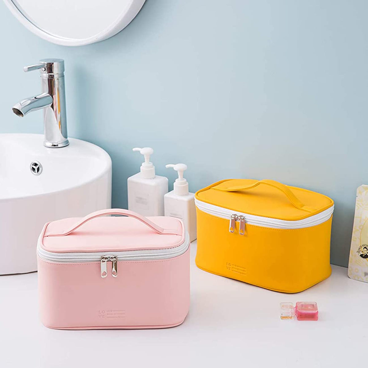 Meiyuuo Travel Makeup Bag on a bathroom counter