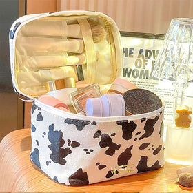 Meiyuuo Travel Makeup Bag placed on a bathroom counter