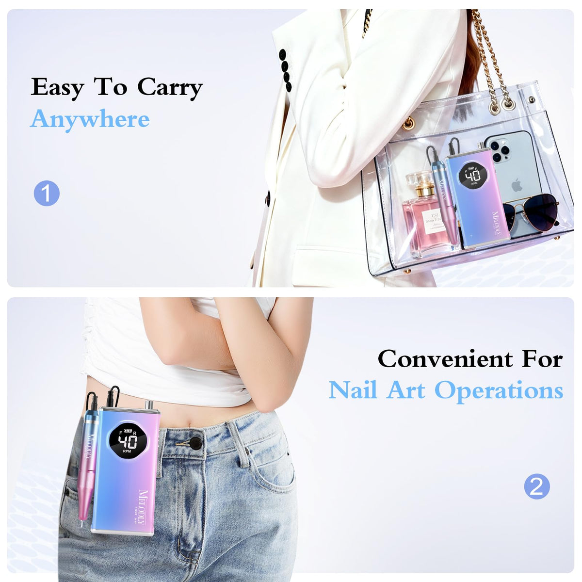 Melodly Electric Nail Drill Kit accessories layout