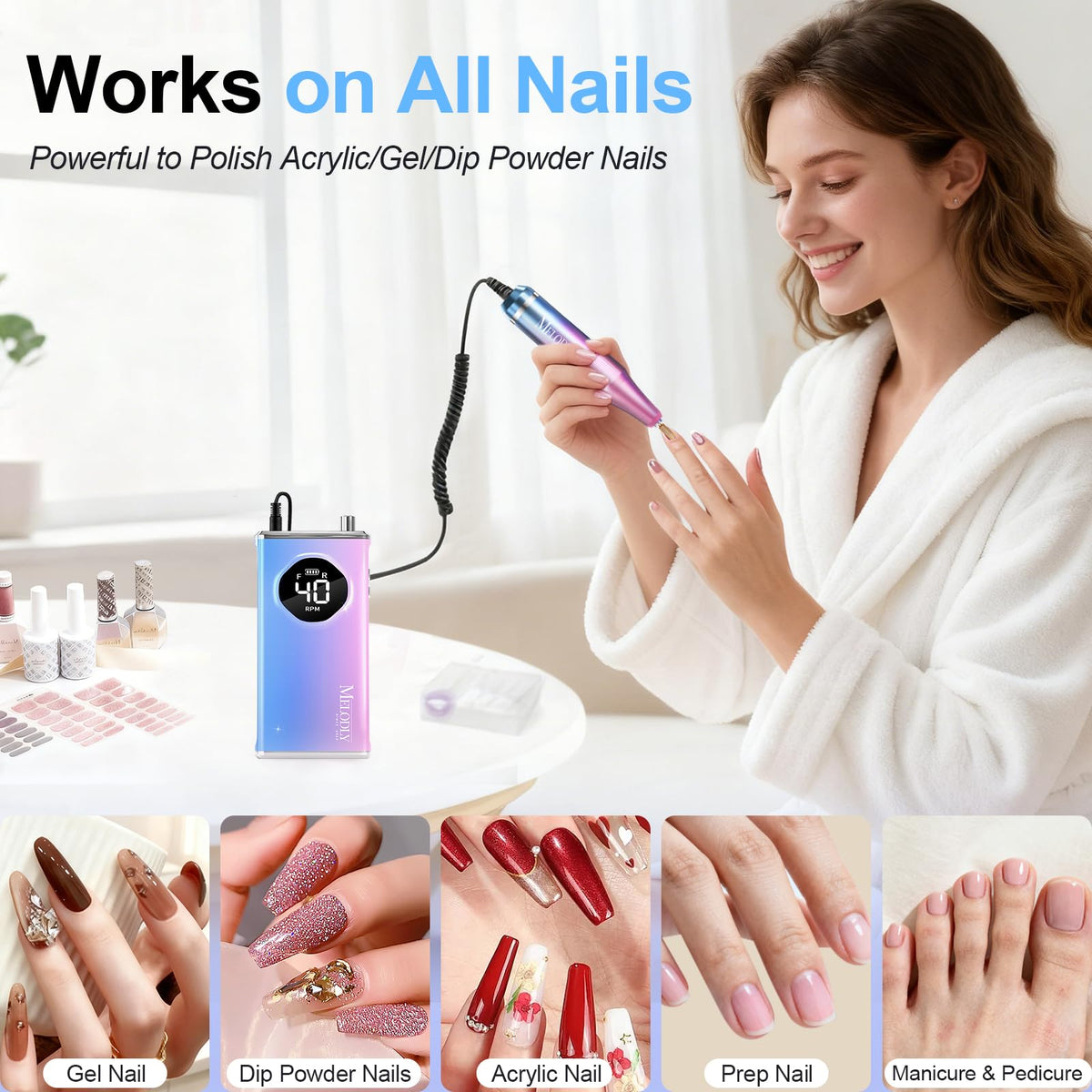 Melodly Electric Nail Drill Kit in use on nails