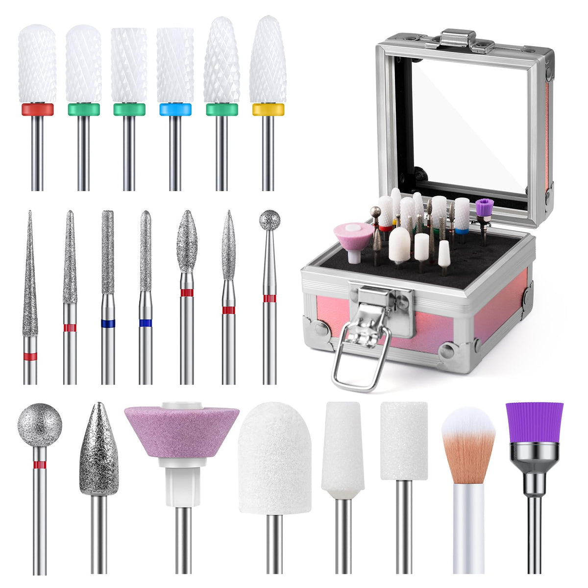 MelodySusie 21pcs Nail Drill Bit Set front view with holder