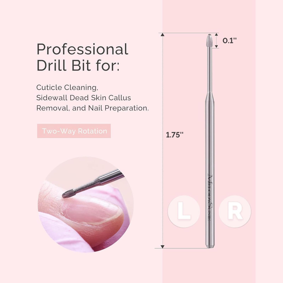MelodySusie Cuticle Cleaner Nail Drill Bit 3/32'' showing two-way rotation feature