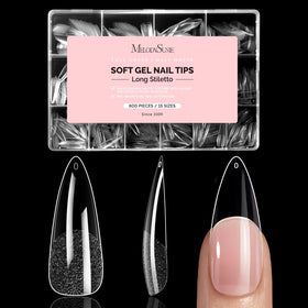 MelodySusie Long Almond Stiletto Nail Tips front view with packaging