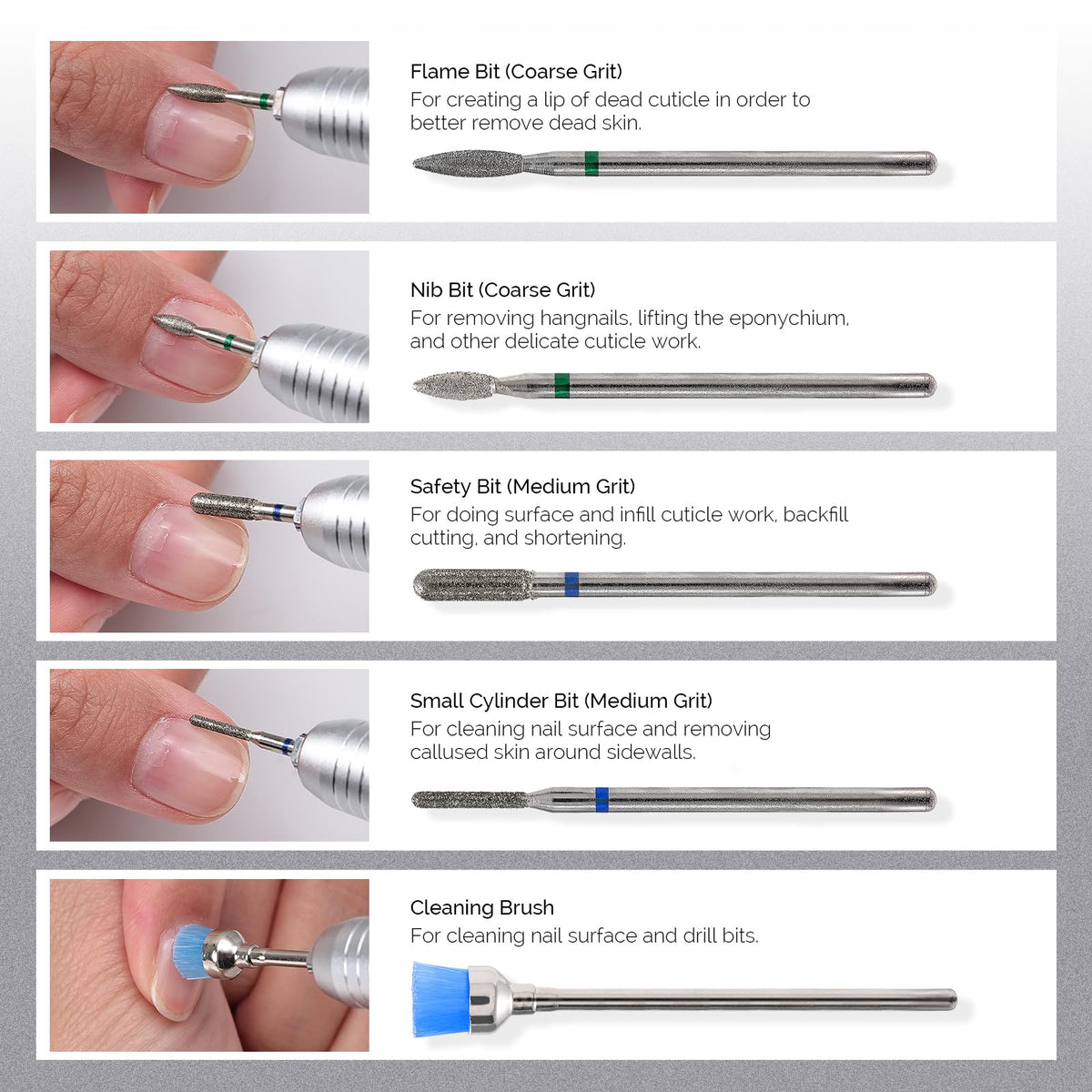 MelodySusie nail drill bits in various shapes and sizes