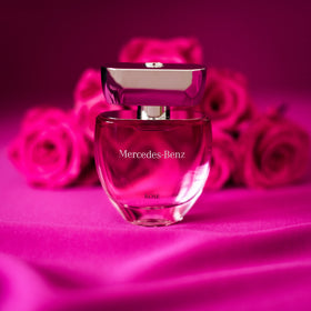 Mercedes Benz Rose Eau De Toilette packaging in bright rose pink