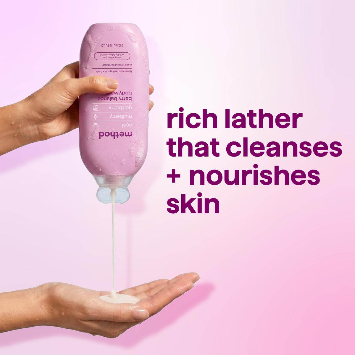 Method Body Wash Berry Balance in a bathroom setting