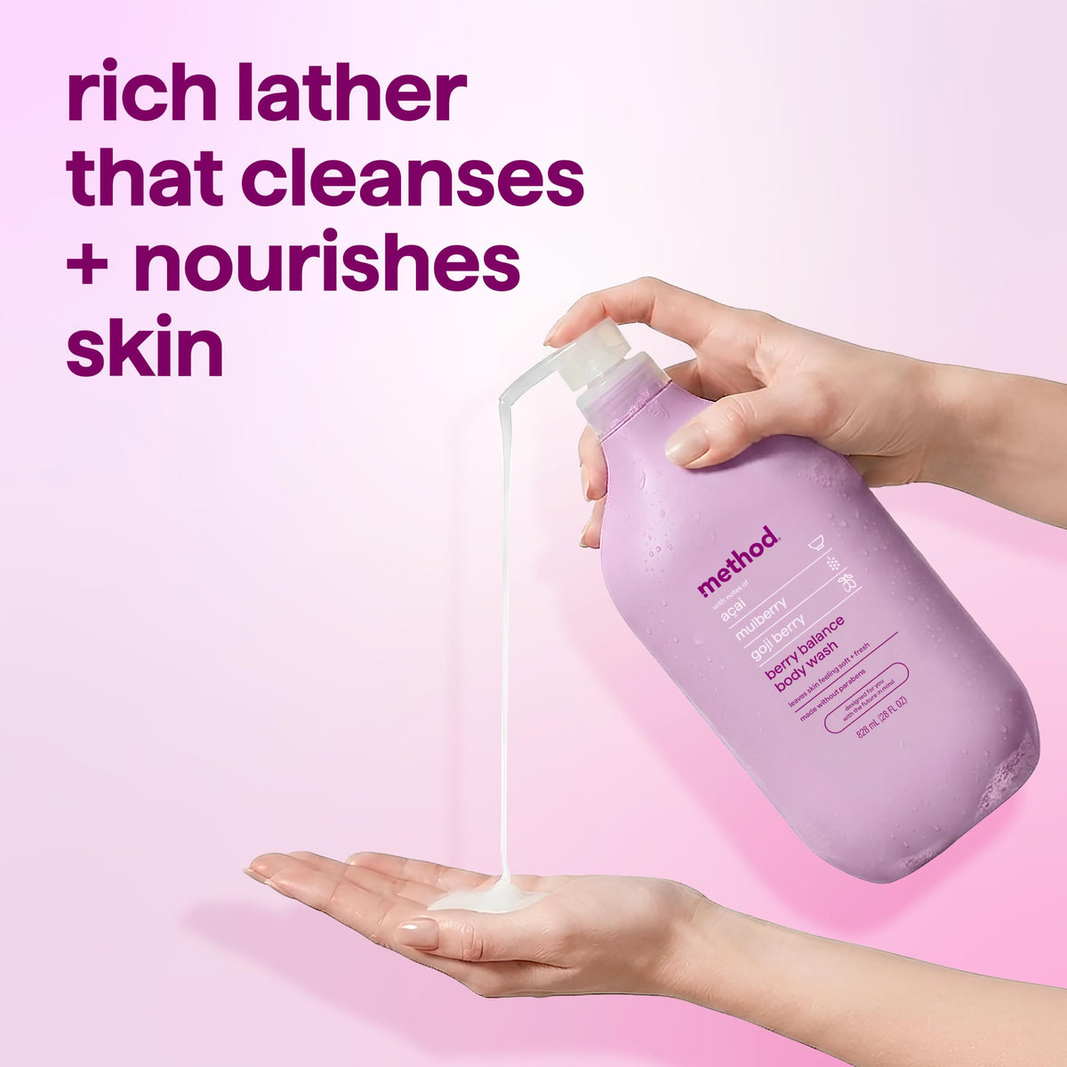 Method Body Wash Berry Balance lather on a loofah