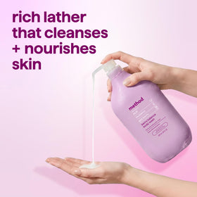 Method Body Wash Berry Balance lather on a loofah