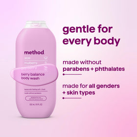Method Body Wash Berry Balance pouring from bottle