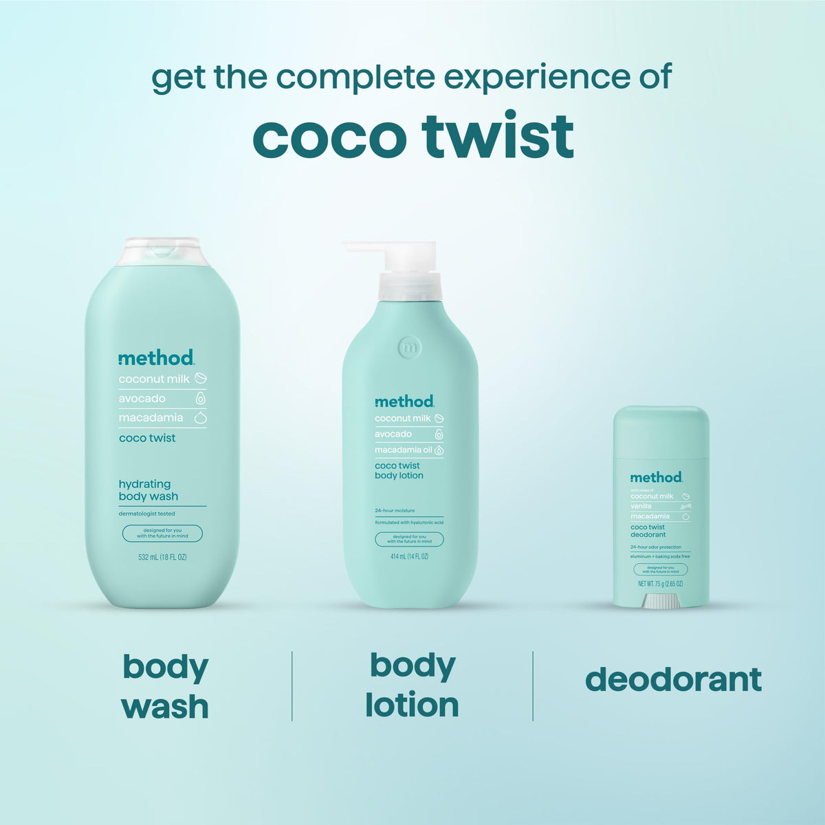 Method Body Wash Coco Twist 18 fl oz with ingredients displayed