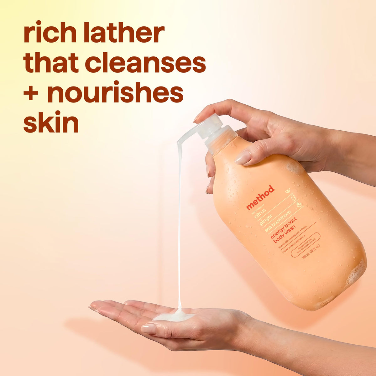 Method Body Wash Energy support lathering on a loofah