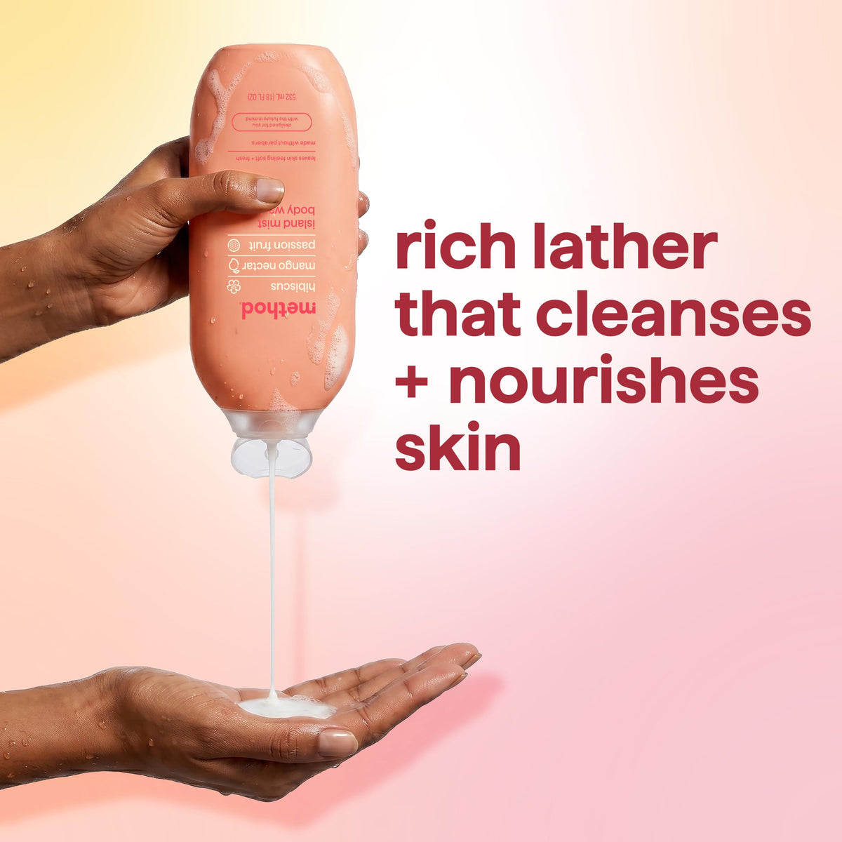 Method Body Wash Island Mist lathering on a loofah