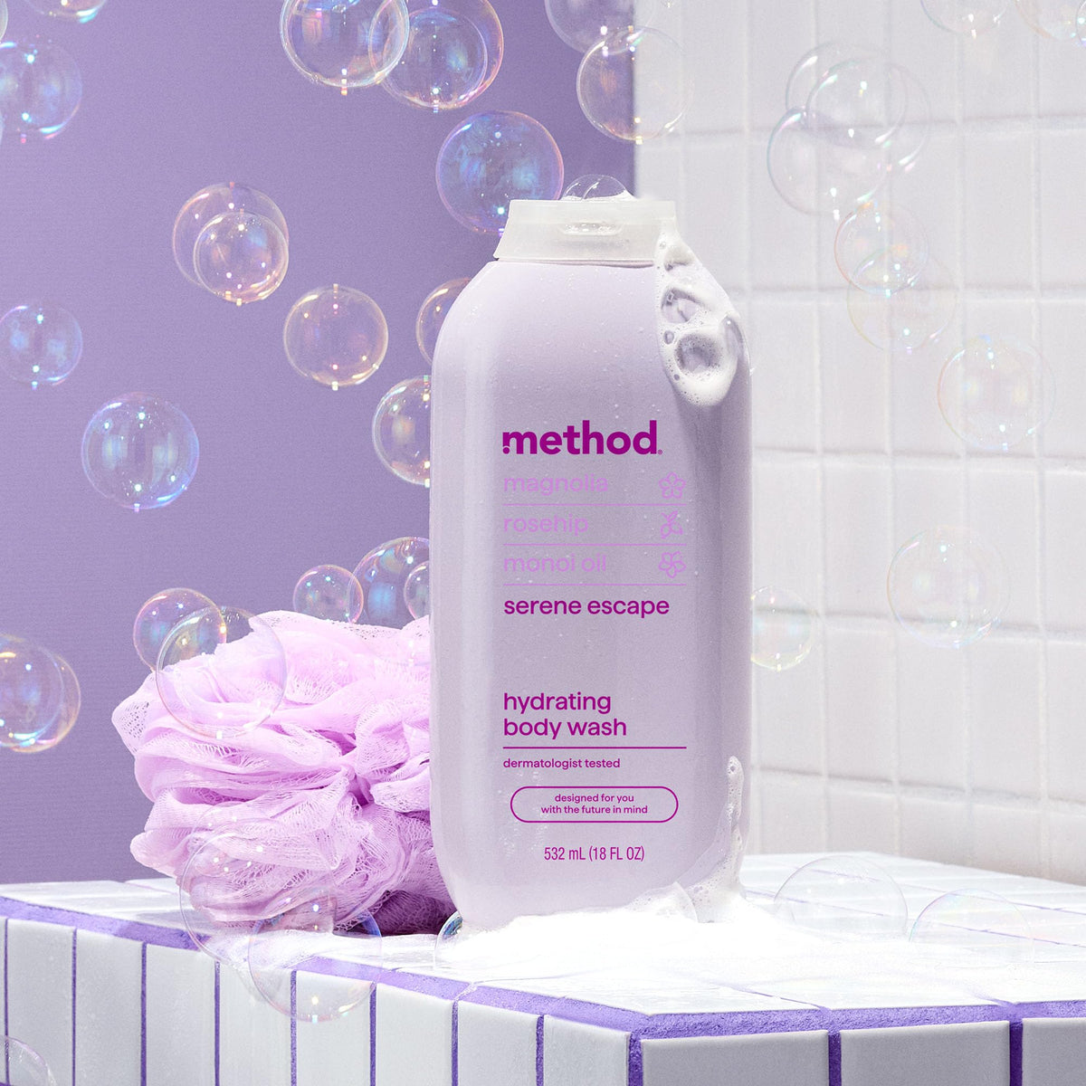 Method Body Wash Serene Escape on a bathroom shelf