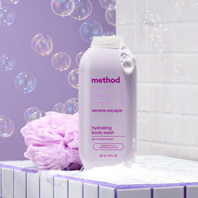 Method Body Wash Serene Escape on a bathroom shelf