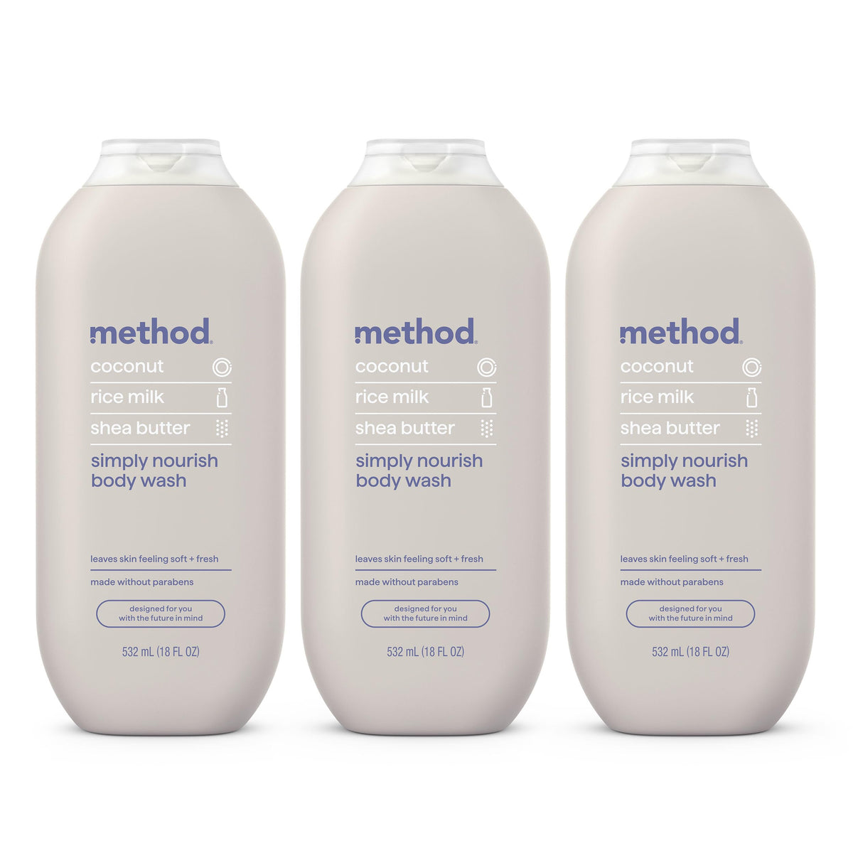 Method Body Wash Simply Nourish 3-pack front view with coconut and rice milk
