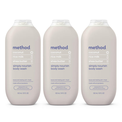 Method Body Wash Simply Nourish 3-pack front view with coconut and rice milk