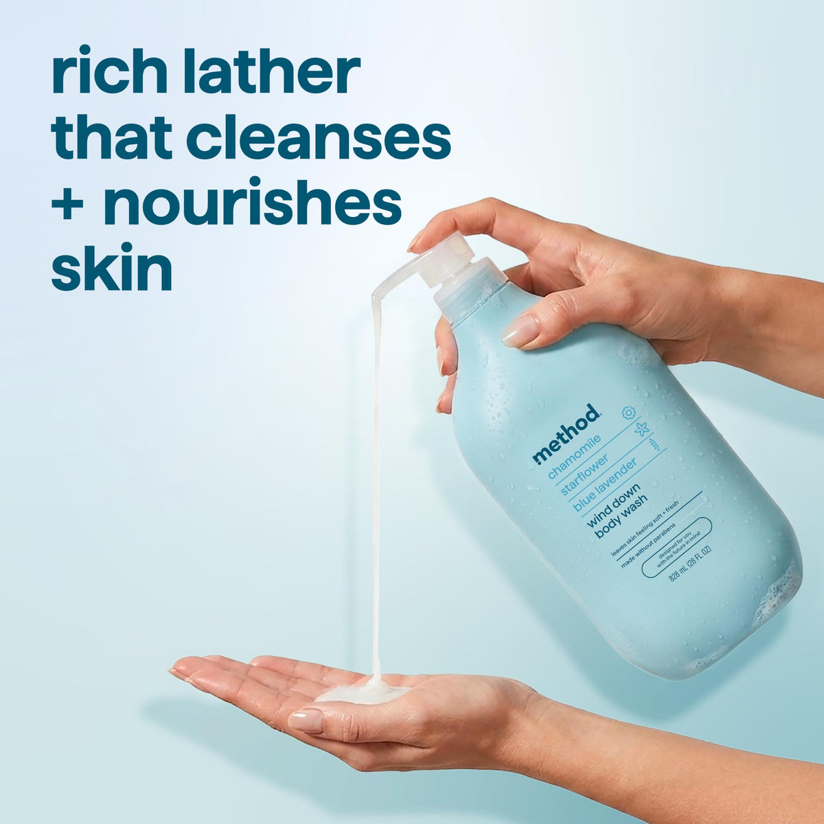 Method Body Wash Wind Down 28 fl oz displayed in bathroom setting
