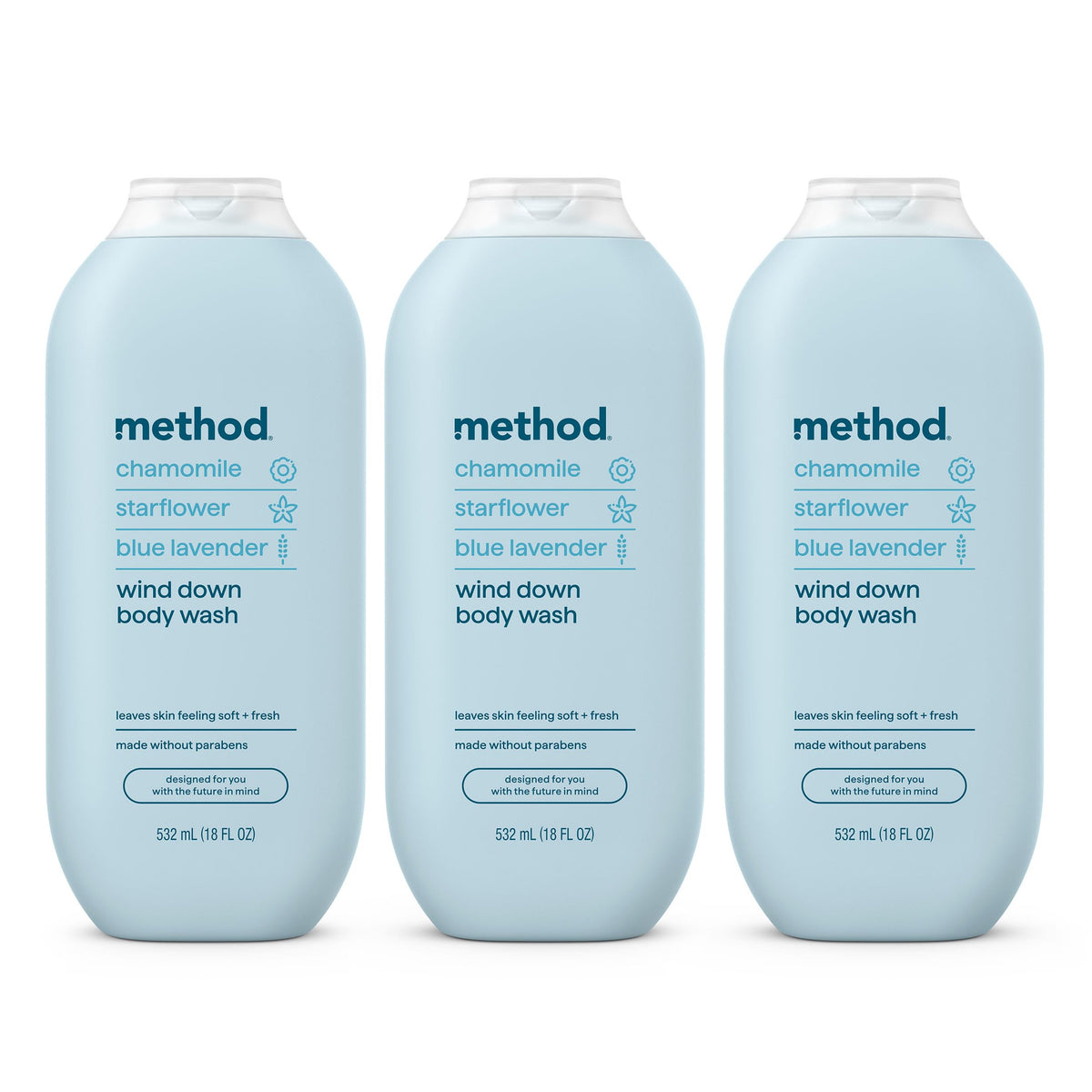 Method Body Wash Wind Down 3 pack front view with calming blue packaging