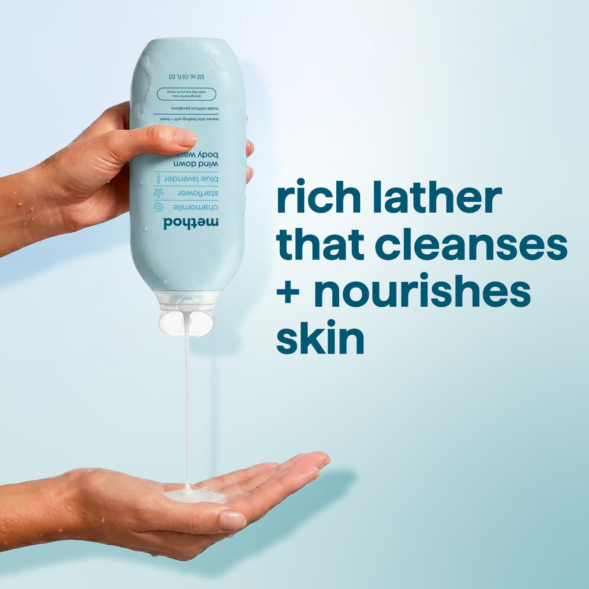 Method Body Wash Wind Down bottle on a bathroom shelf