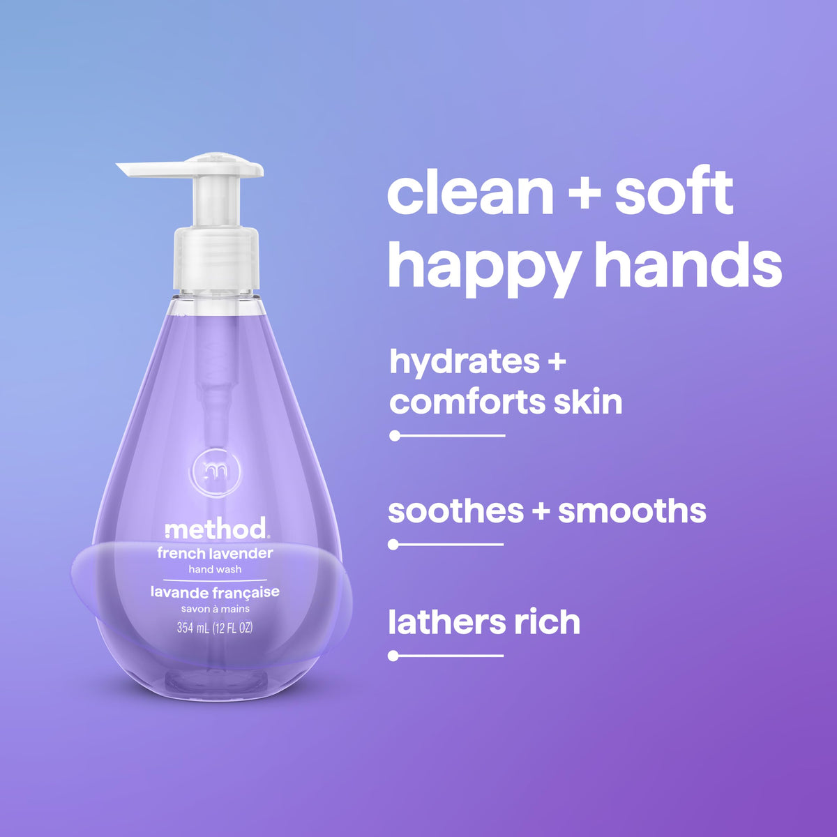 Method Gel Hand Wash French Lavender lather close-up