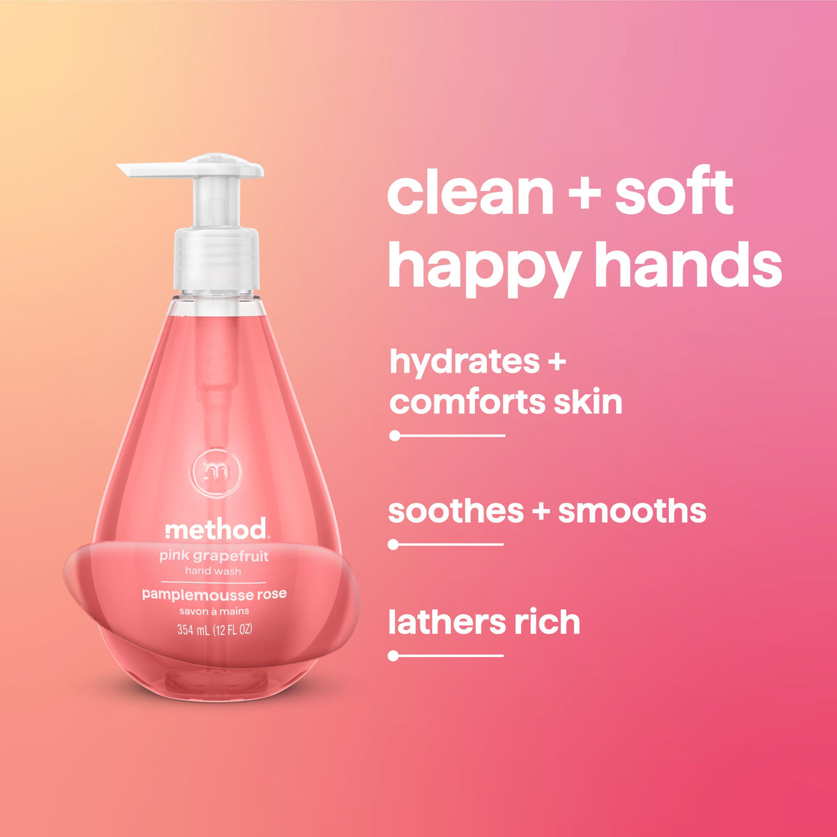 Method Gel Hand Wash Pink Grapefruit lather on hands