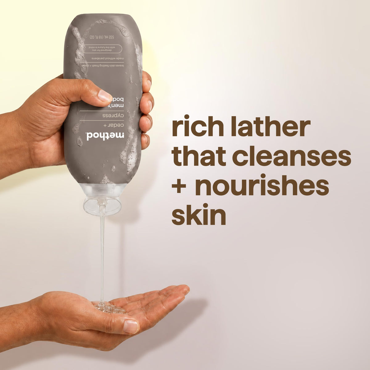 Method Men's Body Wash Cedar + Cypress bottle with nature background