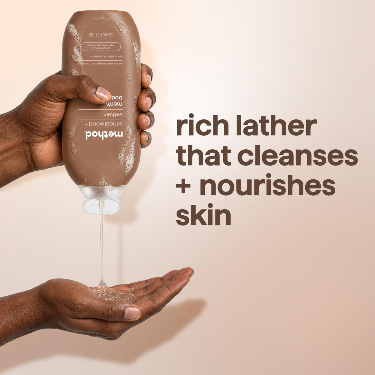 Method Men's Body Wash Sandalwood + Vetiver bottle on bathroom counter