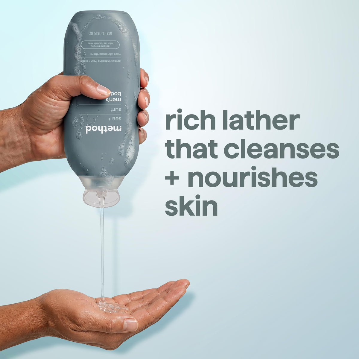 Method Men's Body Wash Sea + Surf lathering on skin