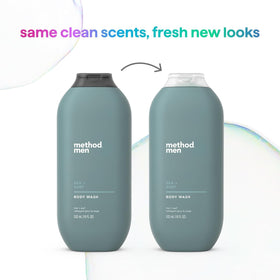 Method Men’s Body Wash Sea + Surf packaging with ingredients