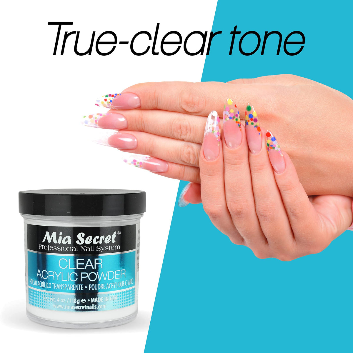 Mia Secret Clear Acrylic Powder 4oz on a nail display