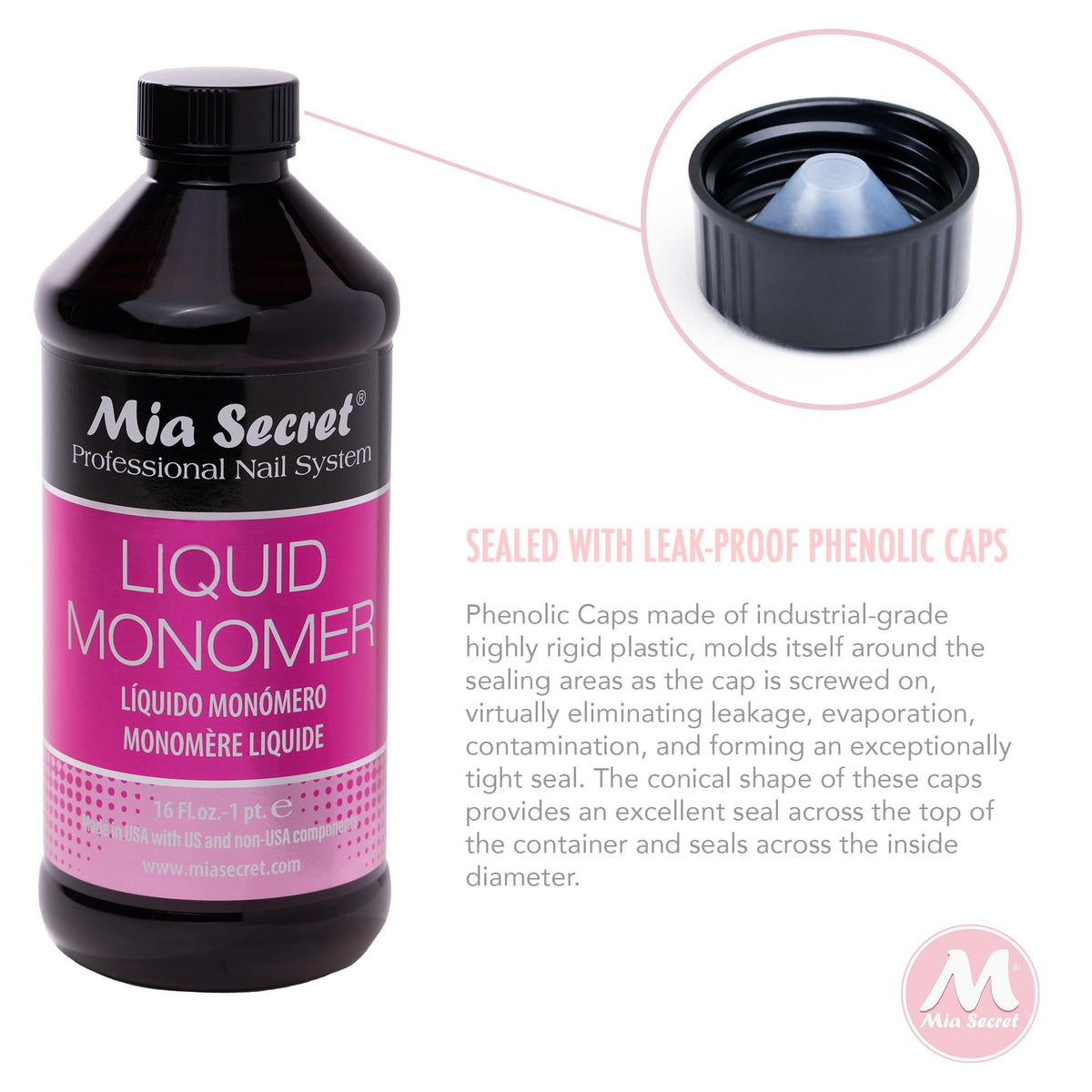 Mia Secret Liquid Monomer 16 oz with acrylic powder beside it