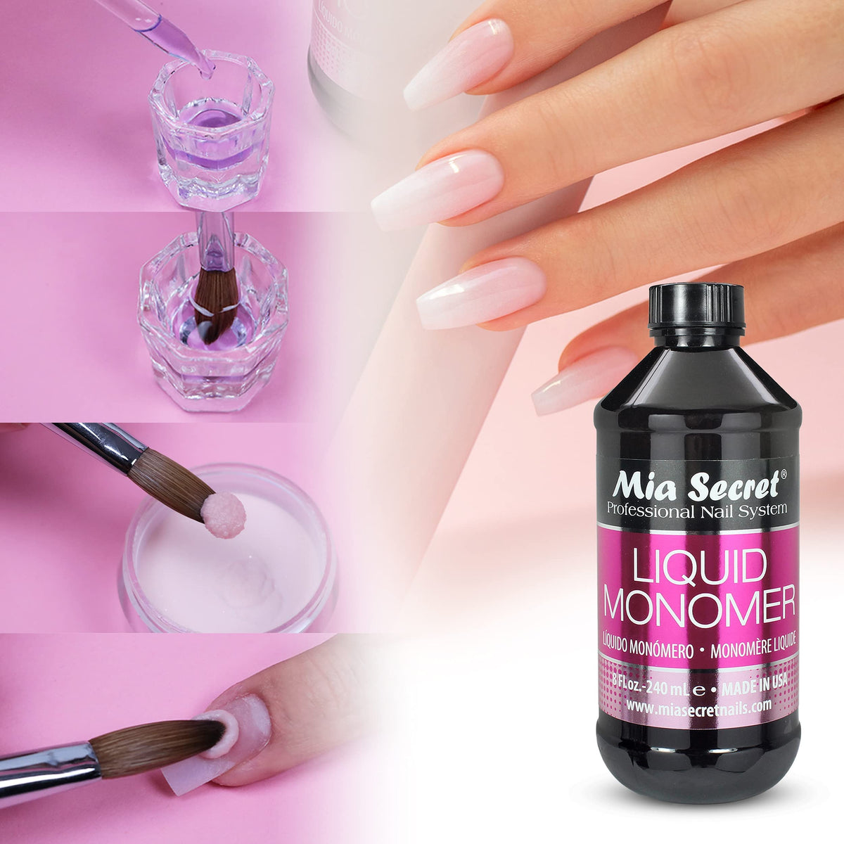 Mia Secret Liquid Monomer 4 oz on a nail technician's table