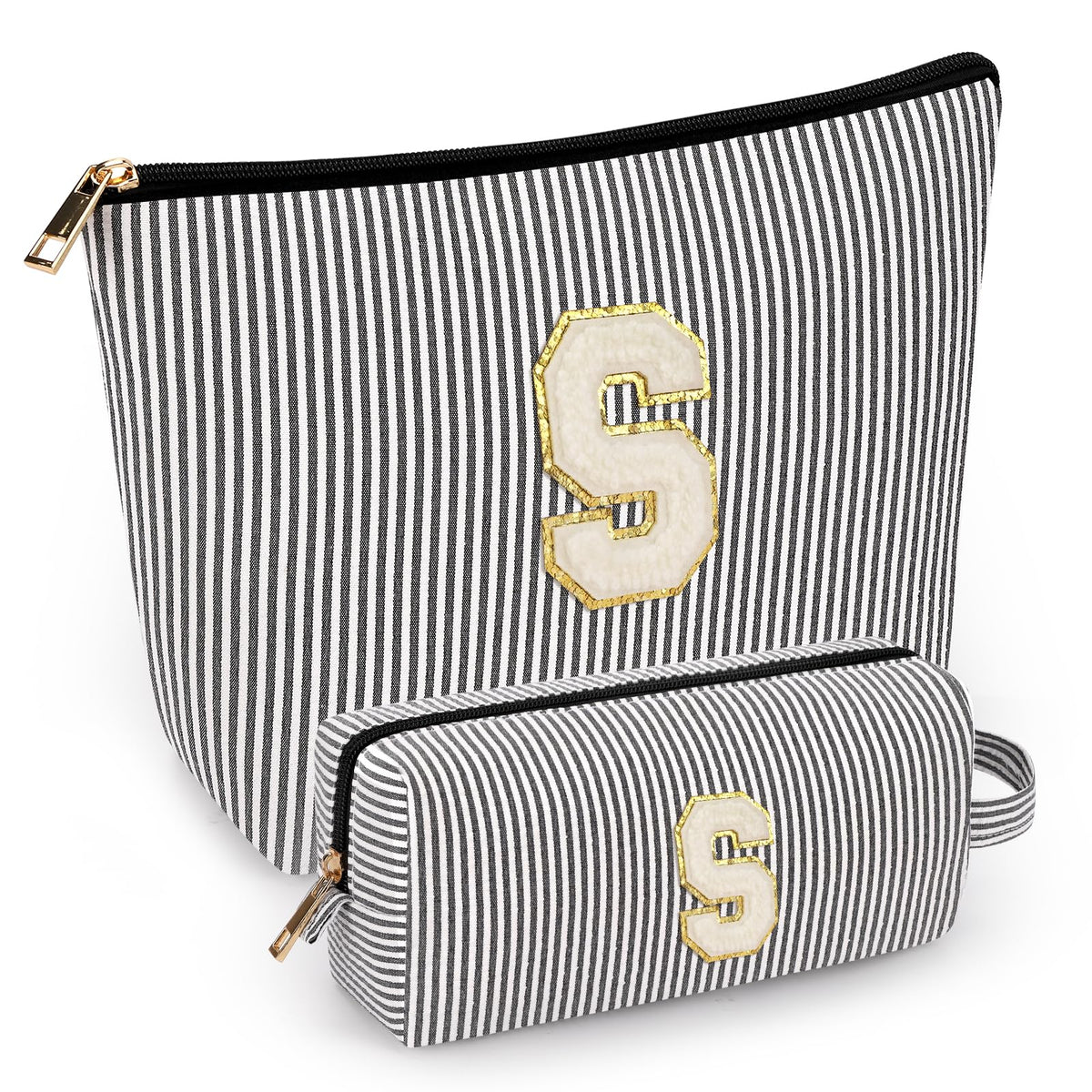 mibasies 2 PCS travel makeup bags in black and pink with alphabet letters
