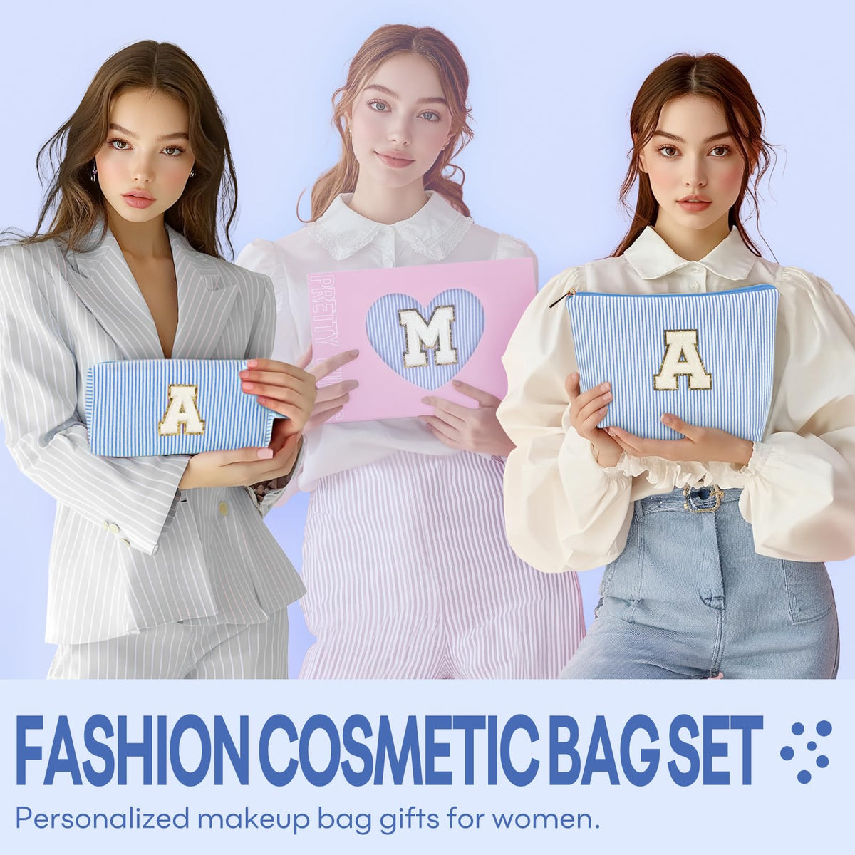 mibasies Initial Makeup Bag in blue side view