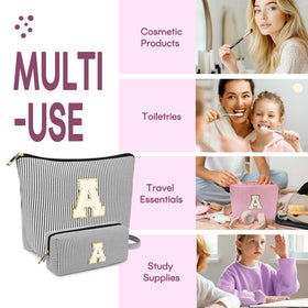 mibasies initial makeup bag in purple with various cosmetics inside