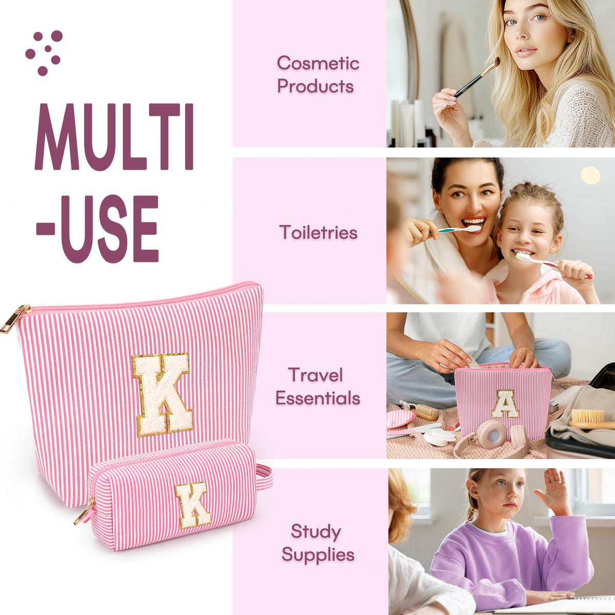 mibasies Initial Makeup Bag in yellow with cosmetics inside