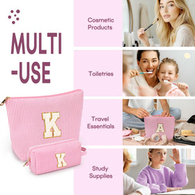 mibasies Initial Makeup Bag in yellow with cosmetics inside