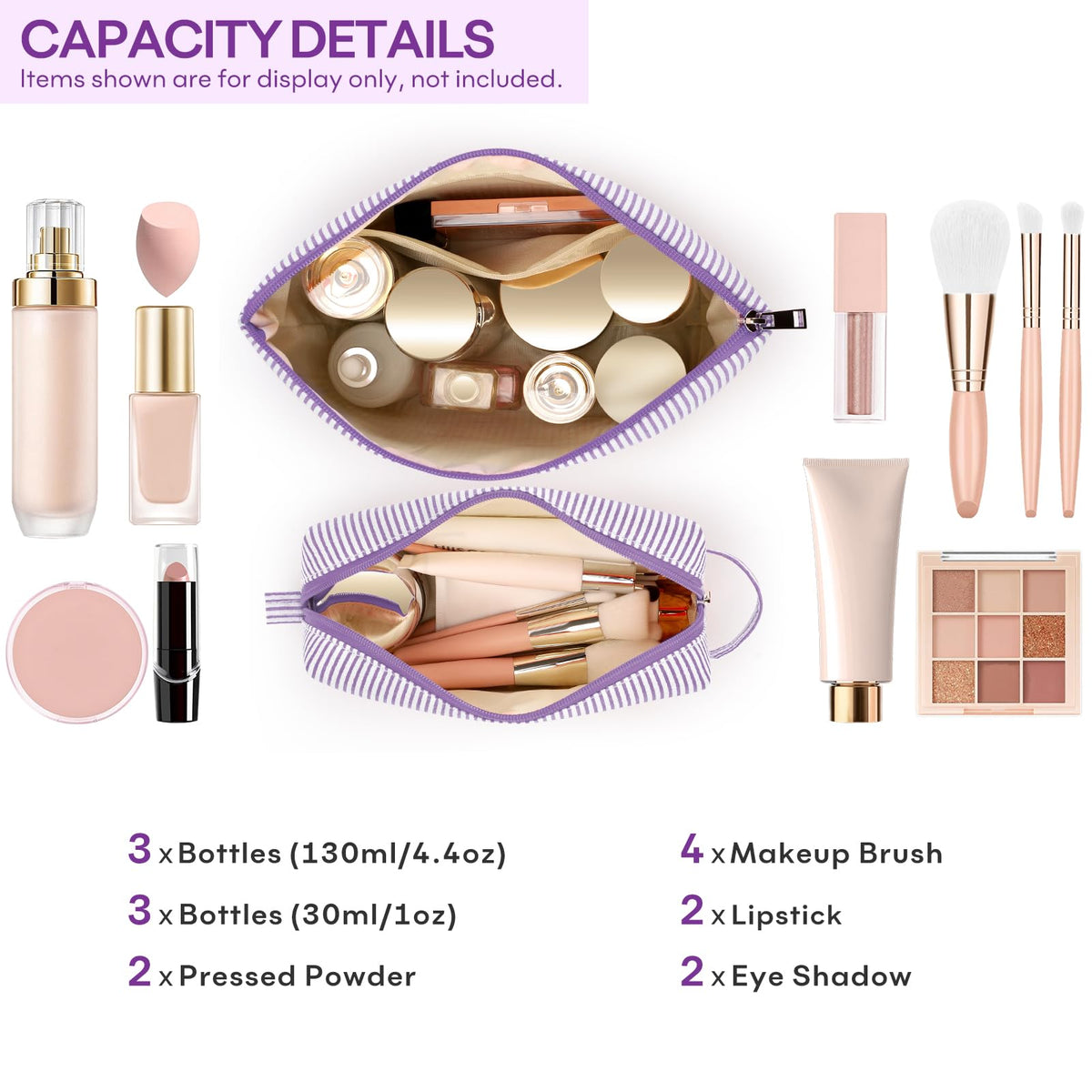 mibasies initial makeup bag purple opened with cosmetics