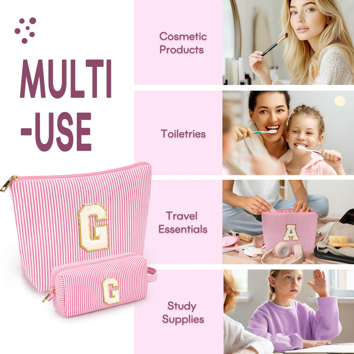 mibasies Initial Makeup Bag used as a toiletry bag